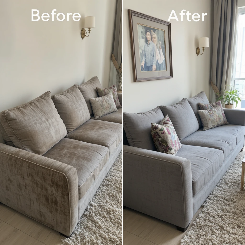 Sofa cleaning Ajman services by Plutonic. Deep clean fabric & leather sofas. Serving Dubai, Sharjah, UAE. Call +971 55 3914339 today!
